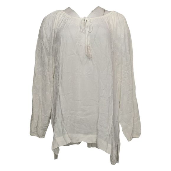 Susan Graver Women's Plus Sz Top 1X Crinkled Gauze Lace Up White A487743 - Picture 1 of 5